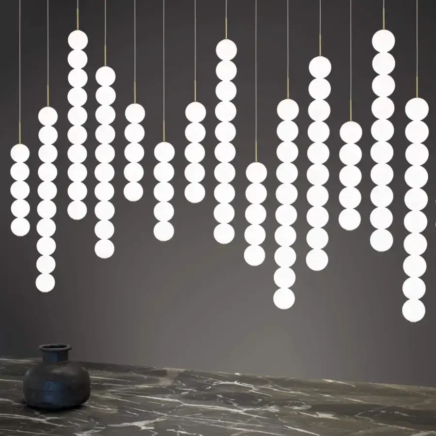 Elegant Terzani Abacus multi light suspension lamp with brass rods and satin white glass diffusers radiating uniform light