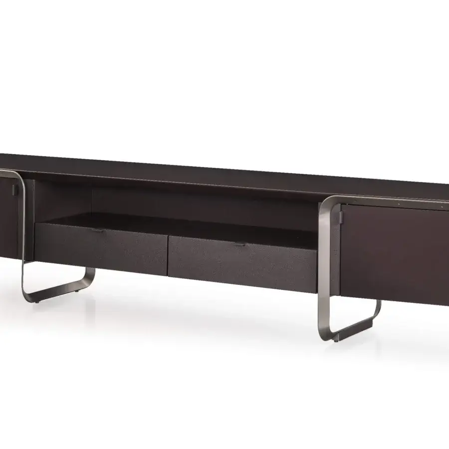 Distinguished Turri Milano TV stand with dark lacquered wood, leather drawers and curved metal legs