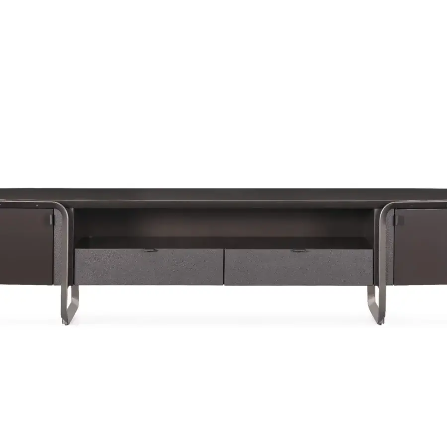 Elegant Turri Milano TV stand with lacquered wood, curved metal legs and leather-covered drawers in dark gray finish