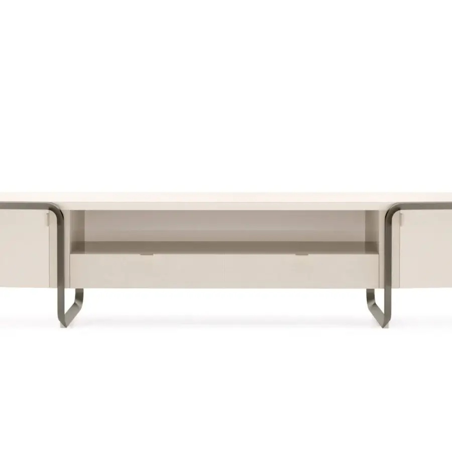 Exceptional Turri Milano TV stand with lacquered wood, curved metal legs and leather-covered drawers in matte finish