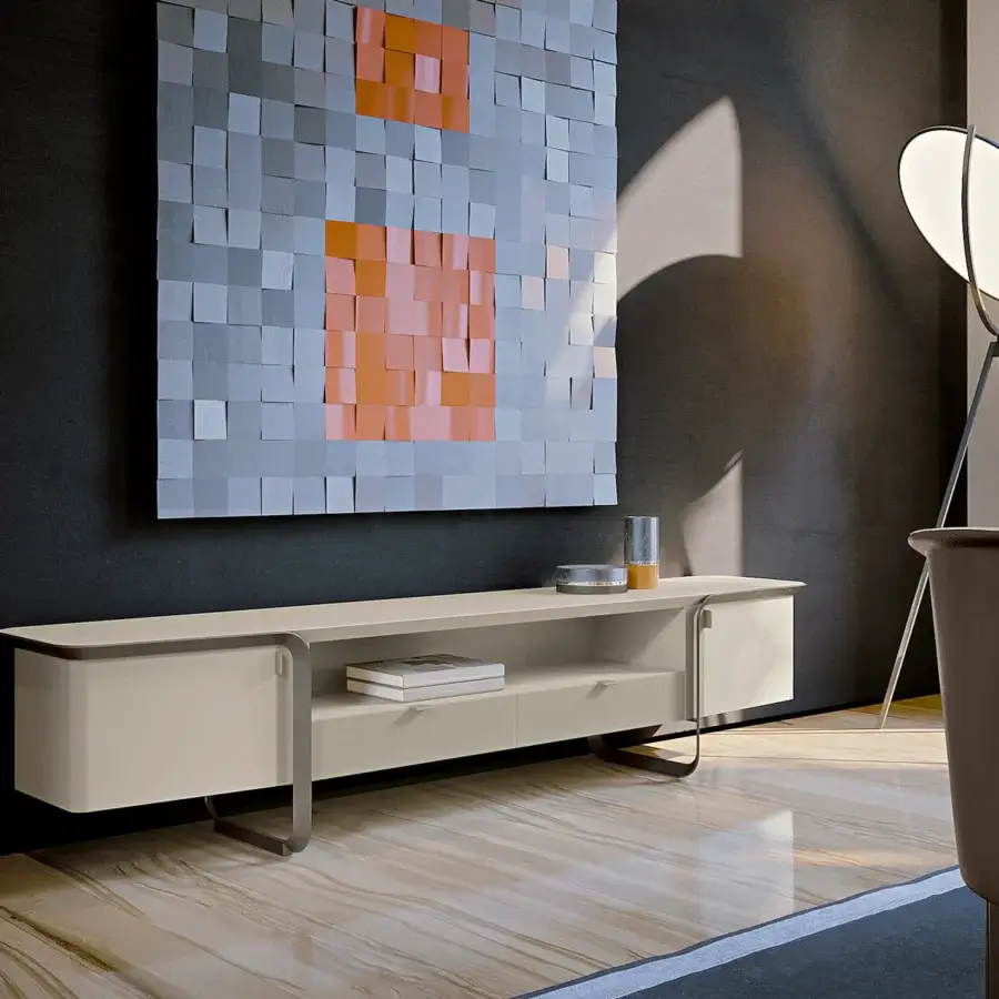 Superior Turri Milano TV stand with lacquered wood, curved metal legs, leather drawers and lateral doors