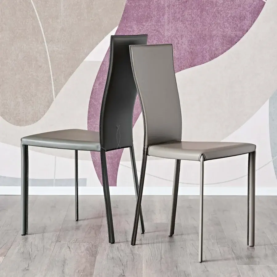 Superior Cattelan Italia Nina chair upholstered in charcoal gray leather with meticulous matching stitching and curved backrest