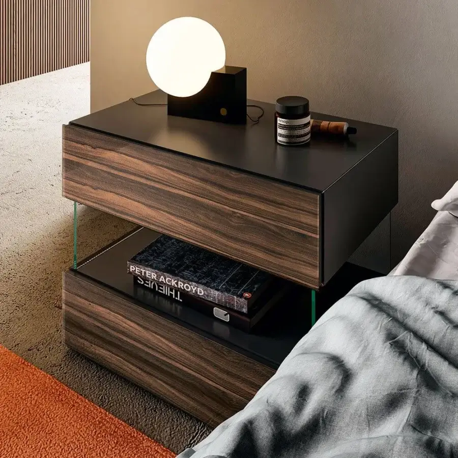 Distinguished Lago Air nightstand crafted in dark brown horizontally-grained wood with a matte black tempered glass top and base