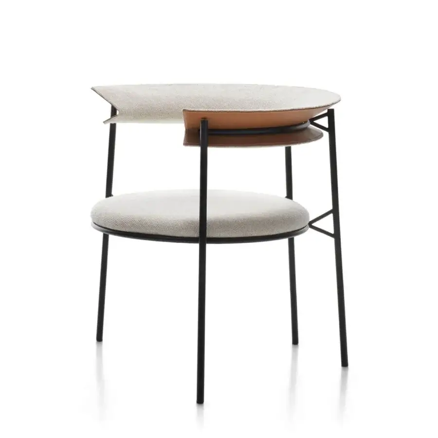 Elegant MDF Italia Cantle lounge chair with graphite grey powder-coated metal, textured fabric seat and tan saddle leather back