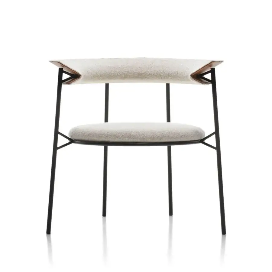 Exceptional MDF Italia Cantle lounge chair with light beige textile and graphite grey powder-coated steel frame built with saddle leather detail