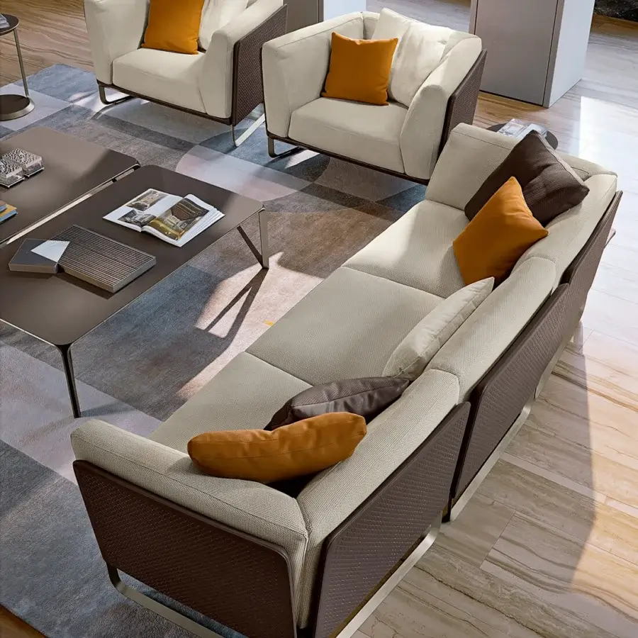 Superior Turri Milano coffee table with a sleek rectangular wood top and curved brushed nickel metal structure in dark gray tones with a glossy finish