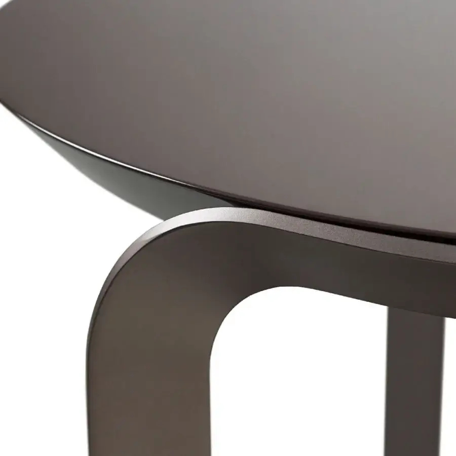 Elegant Turri Milano coffee table with a curved metal structure and glossy lacquered medium brown wood tabletop