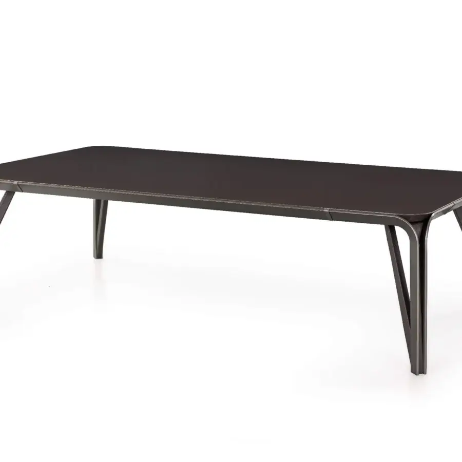 Distinguished Turri Milano coffee table with a dark glossy lacquered wood top and curved brushed nickel metal structure