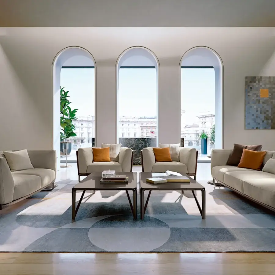 Elegant Turri Milano coffee table with a curved metal structure and glossy lacquered wood top in dark brown