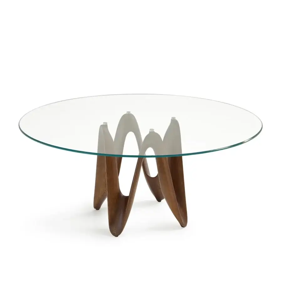 Captivating Sovet Italia Lambda table with transparent tempered glass and sculpted Canaletto walnut wood supports in matte light gray