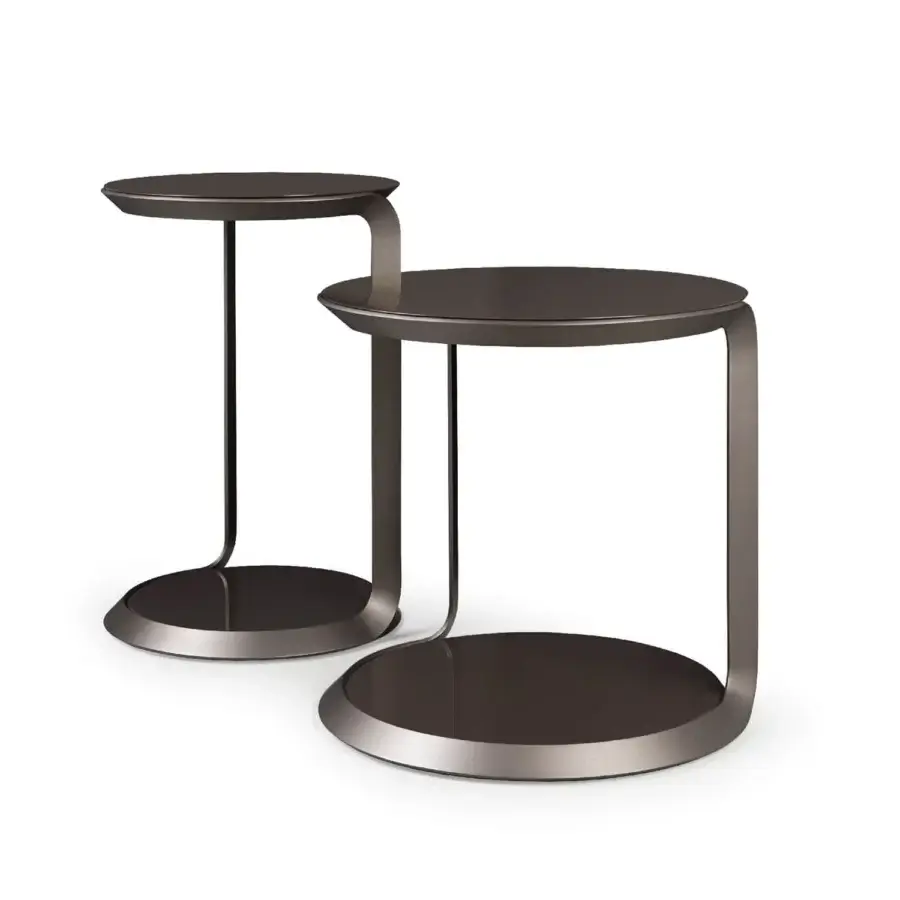 Elegant Turri Milano side table with glossy lacquered wood and curved brushed nickel metal structure