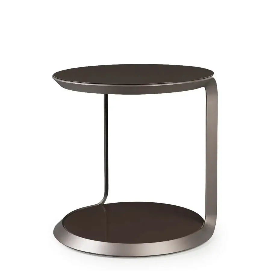 Distinguished Turri Milano side table with circular surfaces and brushed nickel frame in dark bronze tone