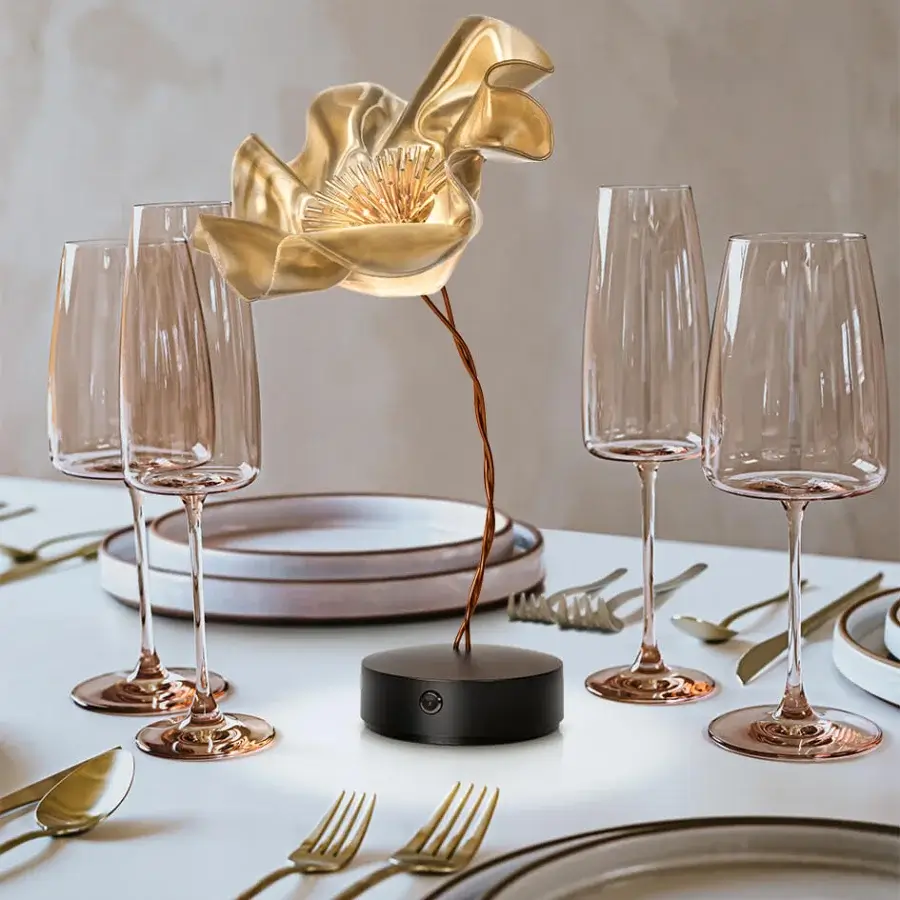 Exceptional Slamp LaFleur Battery lamp with glossy golden bloom and twisted brown stem built in Lentiflex with a matte black base
