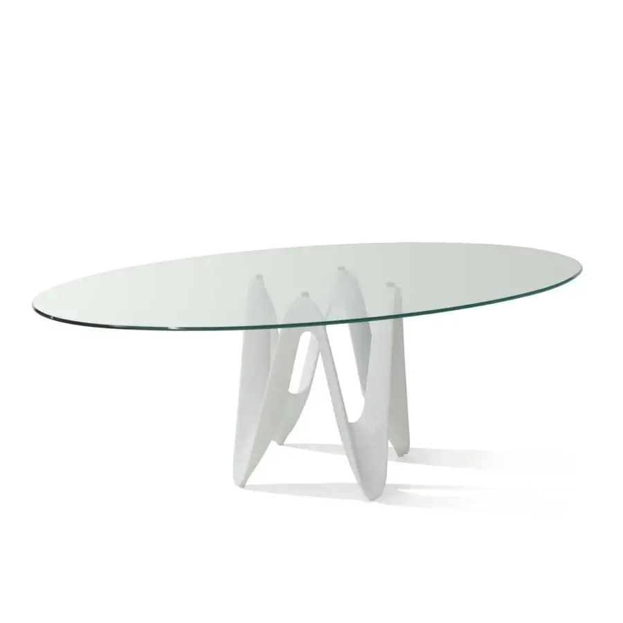Distinguished Sovet Italia Lambda table with transparent tempered glass and glossy white Cristalplant base crafted in Italy