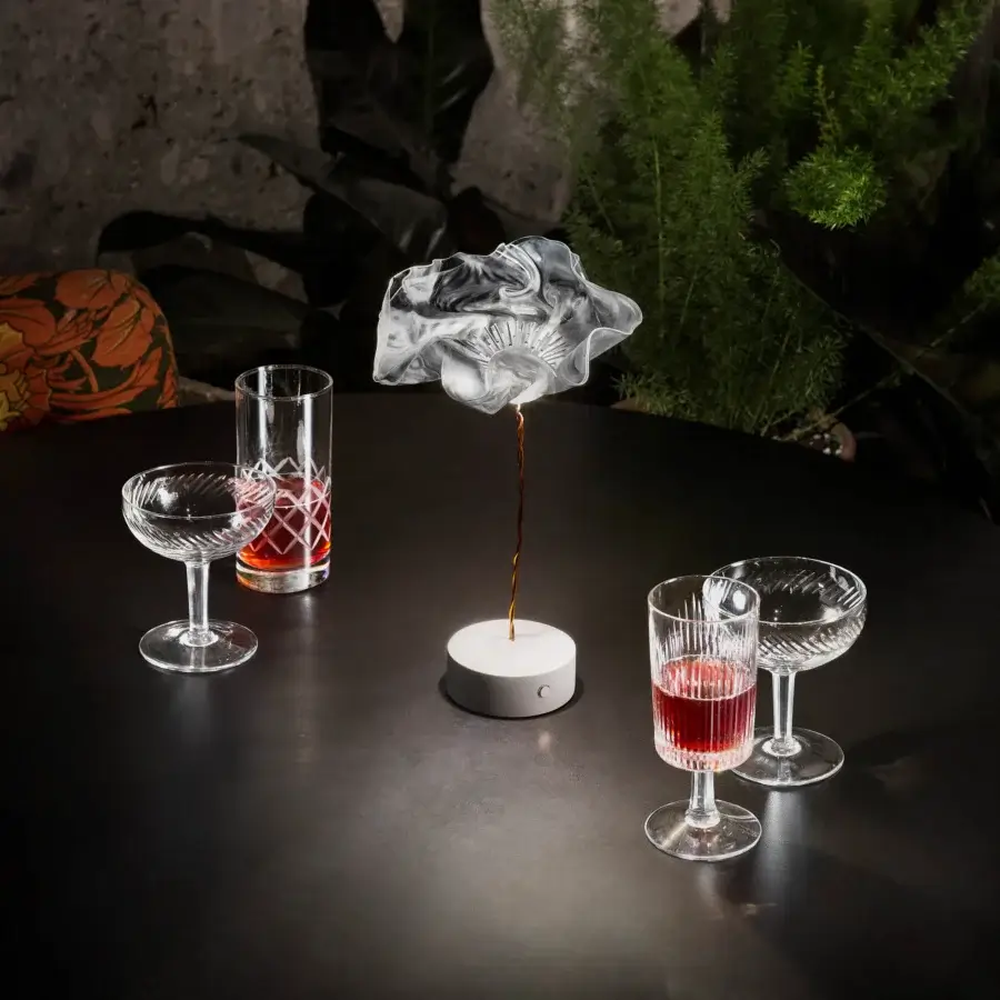 Superior Slamp LaFleur Battery lamp sculpted from temperature-controlled Lentiflex with a milky white shade and matte white magnetic base