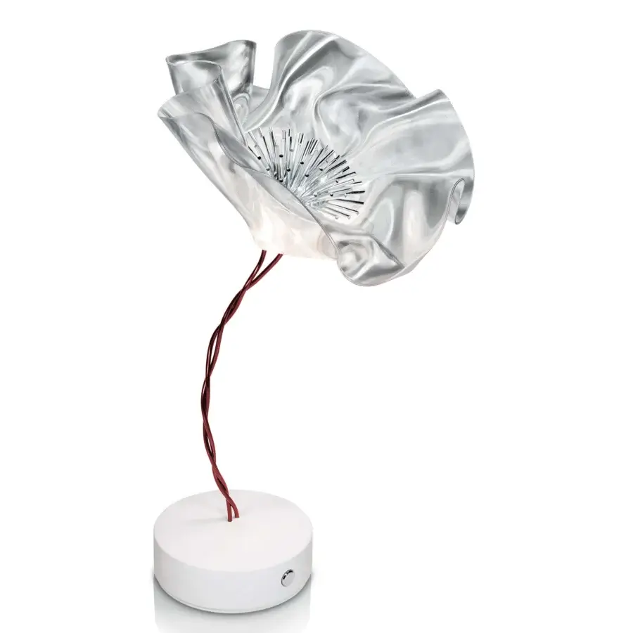 Distinguished Slamp LaFleur Battery lamp crafted in glossy silver Lentiflex with a red copper wire stem and matte white base