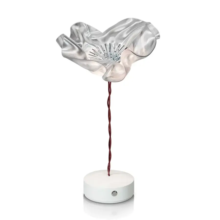 Exceptional Slamp LaFleur Battery lamp hand-molded in light gray Lentiflex with a matte white magnetic base and copper wire details
