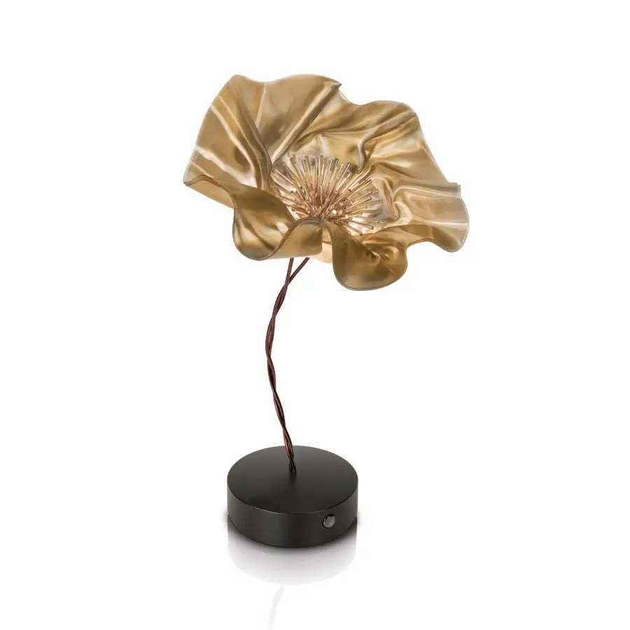 Superior Slamp LaFleur Battery lamp handcrafted in light gold and reddish-brown with temperature-controlled Lentiflex and a matte magnetic base