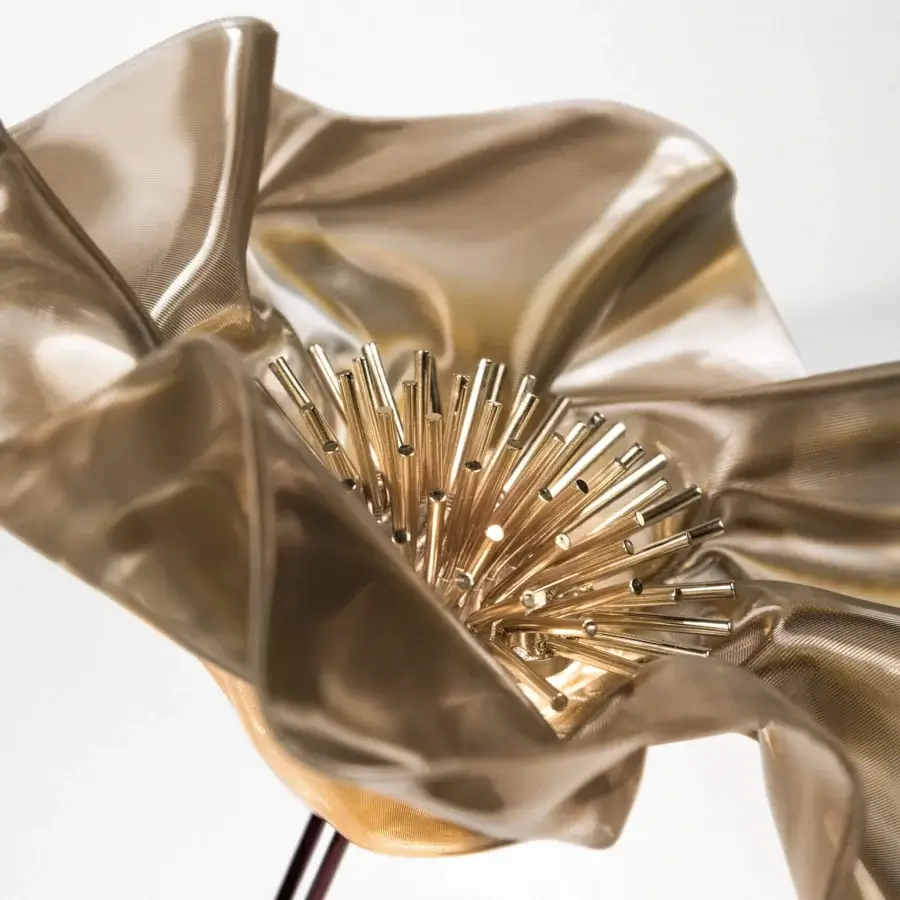 Superior Slamp LaFleur Battery lamp crafted in golden metallic Lentiflex with slender dark stems and a matte magnetic base
