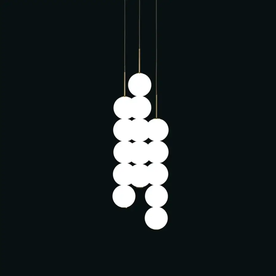 Exclusive Terzani Abacus multi light suspension lamp with a modular design in brass and satin white glass with glossy finish