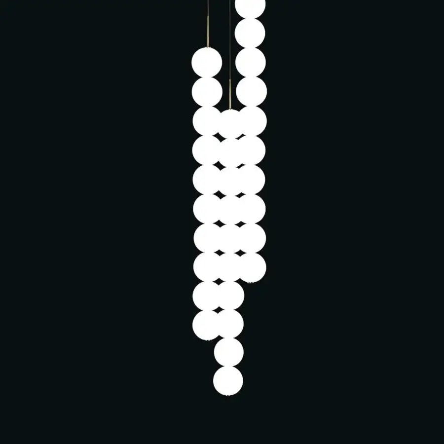 Superior Terzani Abacus multi light suspension lamp with round diffusers crafted in brass and satin white glass