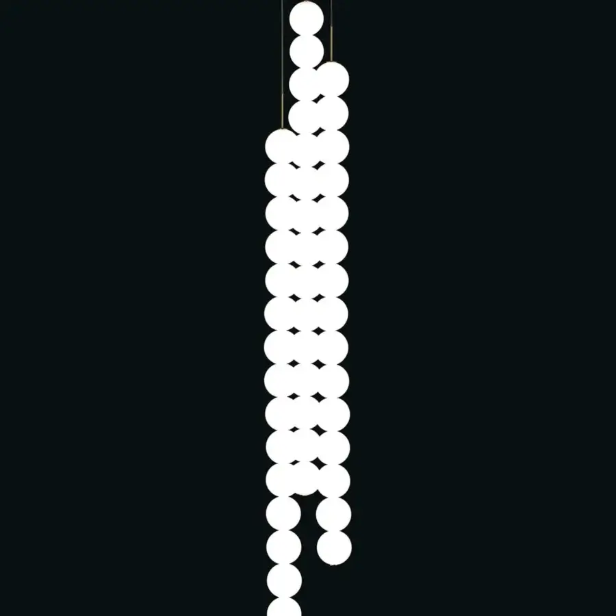Elegant Terzani Abacus multi light suspension lamp with refined round diffusers in brass and satin white glass