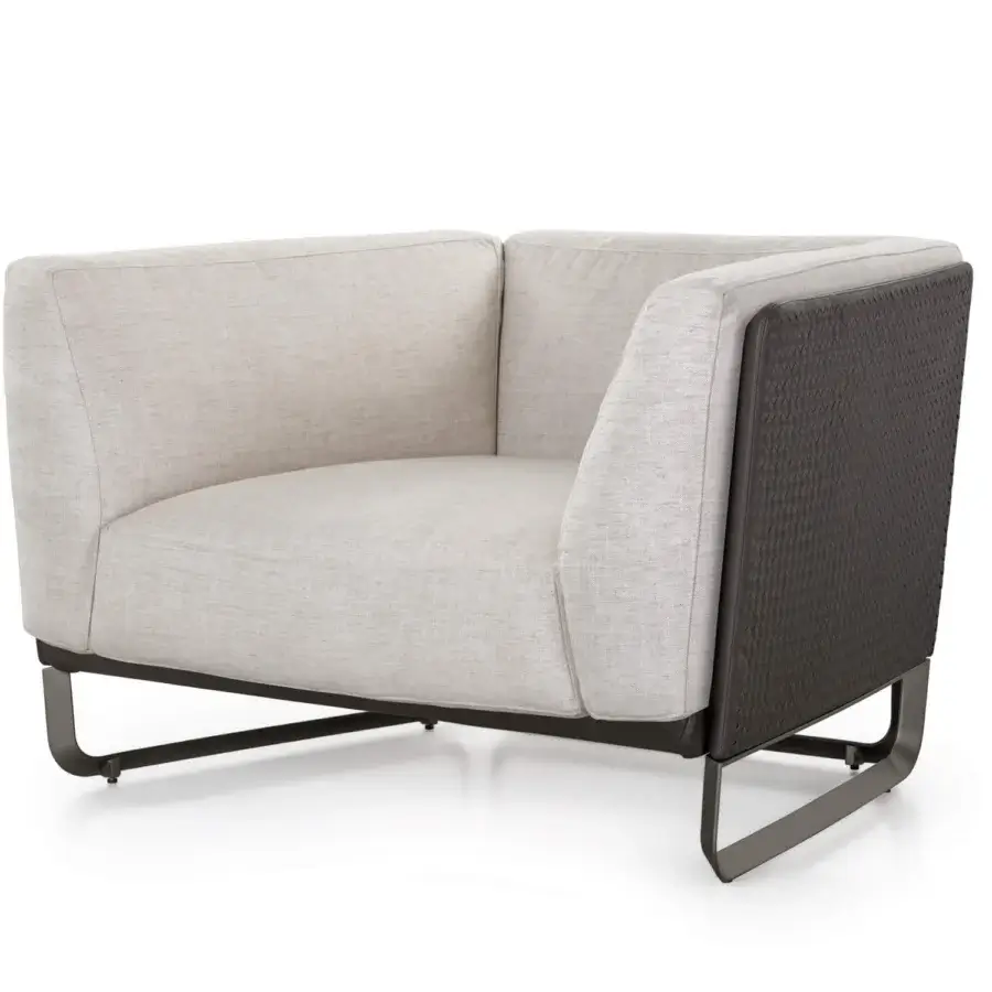 Distinguished Turri Milano lounge chair with light woven textile cushions and dark brown woven leather side panels built with a curved brushed nickel base