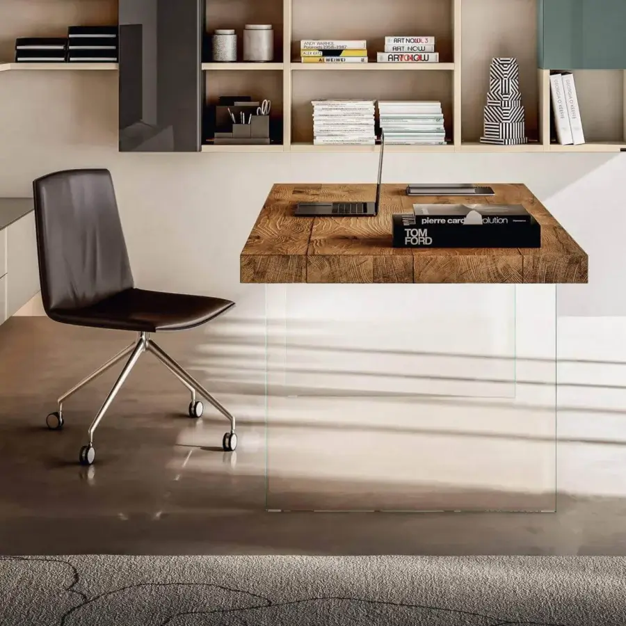 Captivating Lago Air desk with a solid oak Wildwood desktop and transparent tempered-glass base for a balanced Italian design