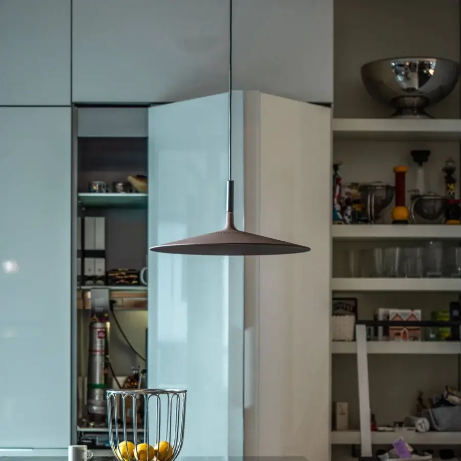 Exclusive Foscarini Aplomb Large suspension lamp in pigmented cement with a dark, off-black finish presents modern industrial elegance