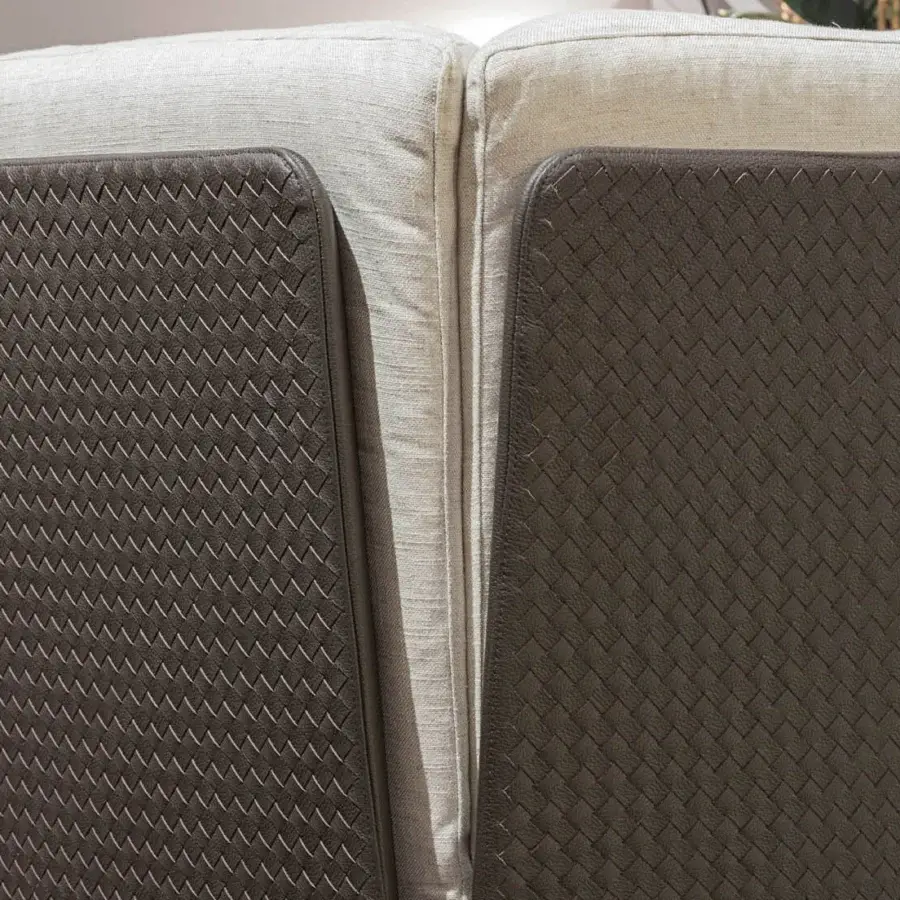 Superior Turri Milano sofa with light woven textile and dark brown woven leather frame with brushed nickel legs