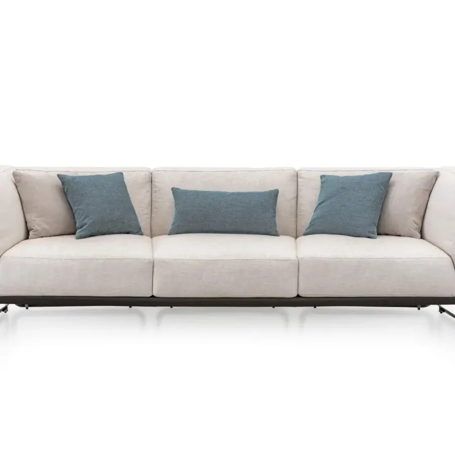 Distinguished Turri Milano sofa with woven leather structure, light beige fabric and teal cushions, built with curved brushed nickel metal legs