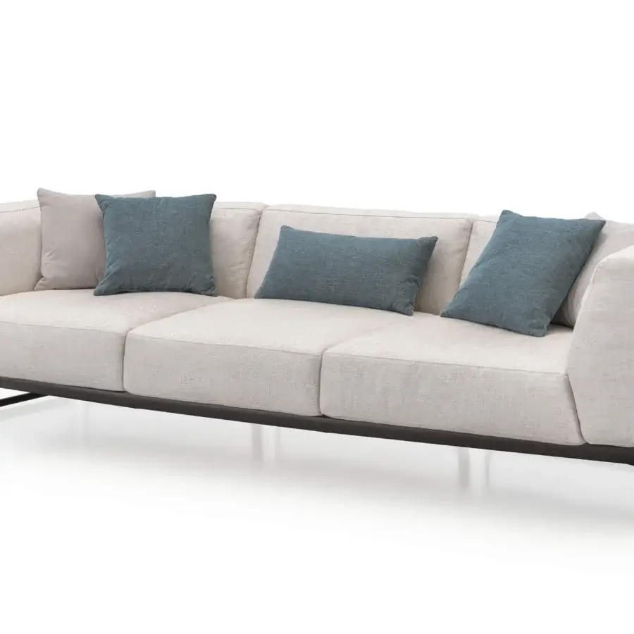 Superior Turri Milano sofa with woven leather, curved brushed nickel legs and light textured textile upholstery in teal and beige hues