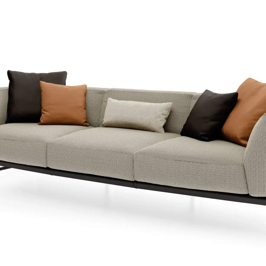 Distinguished Turri Milano sofa with woven leather structure, textile seat and backrest in light beige and neutral tones, plus brushed nickel legs