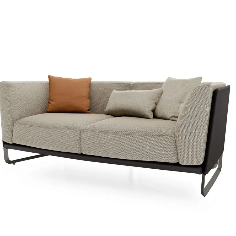 Captivating Turri Milano sofa with dark woven leather, light beige textile upholstery and curved brushed nickel legs