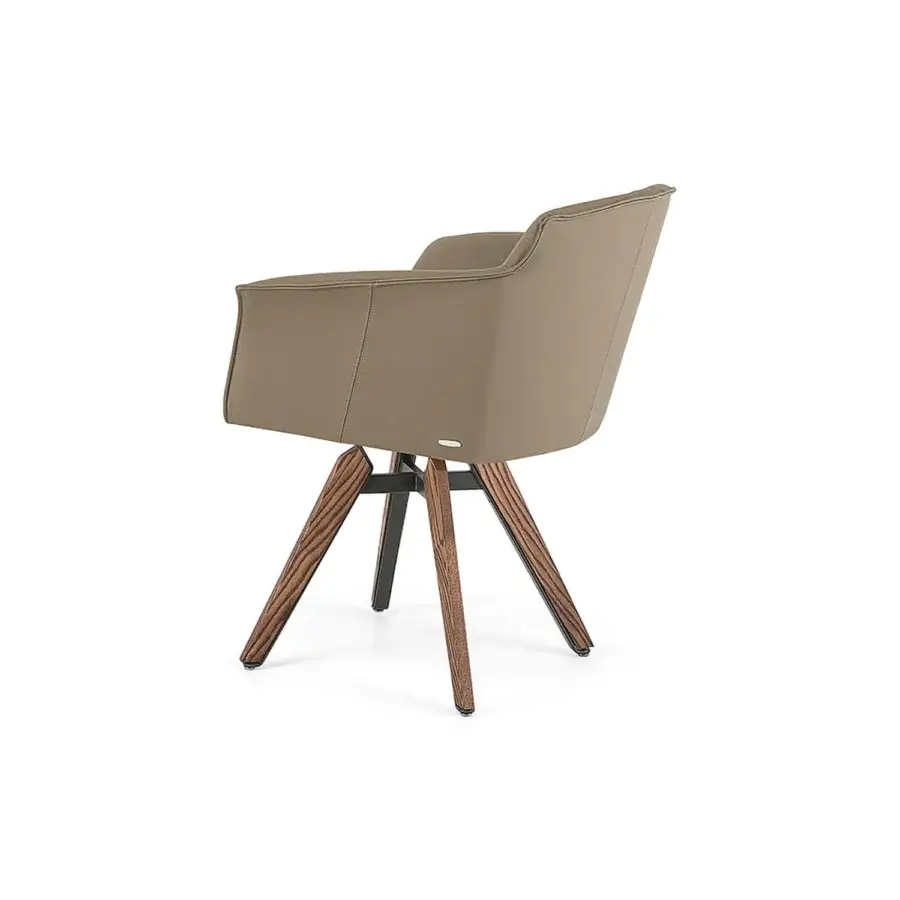 Exceptional Cattelan Italia Tyler chair with enveloping taupe upholstery and dark brown stained ashwood base