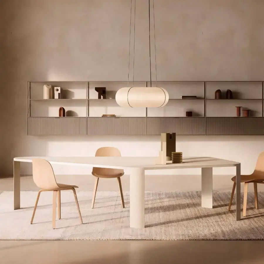 Distinguished MDF Italia Bonnet table with rectangular form, light beige melamine and handcrafted Coccioperla finish