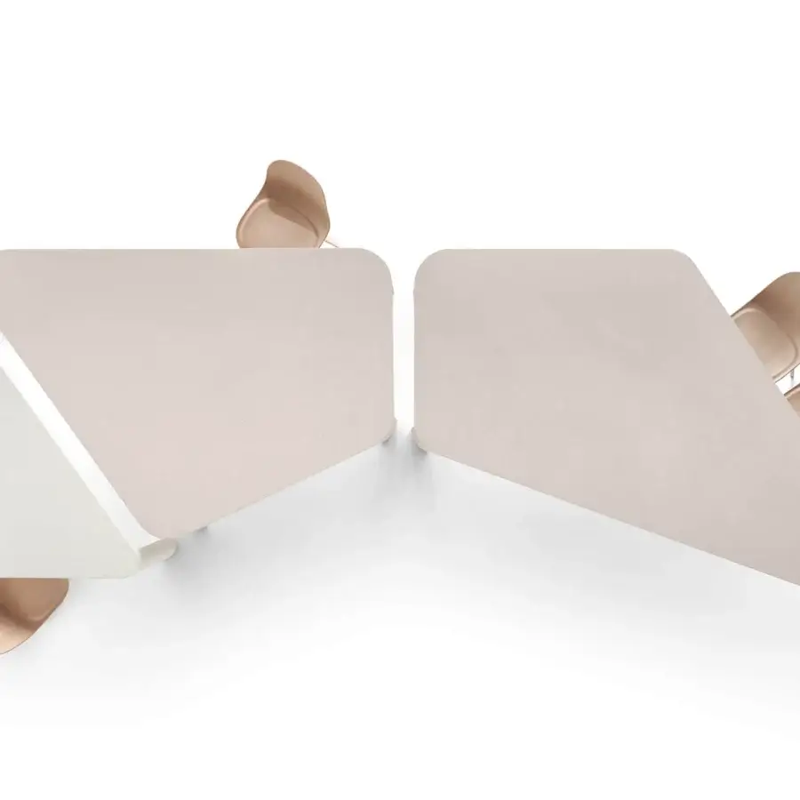 Exceptional MDF Italia Bonnet table with light beige melamine and Coccioperla metal crafted with polished copper accents