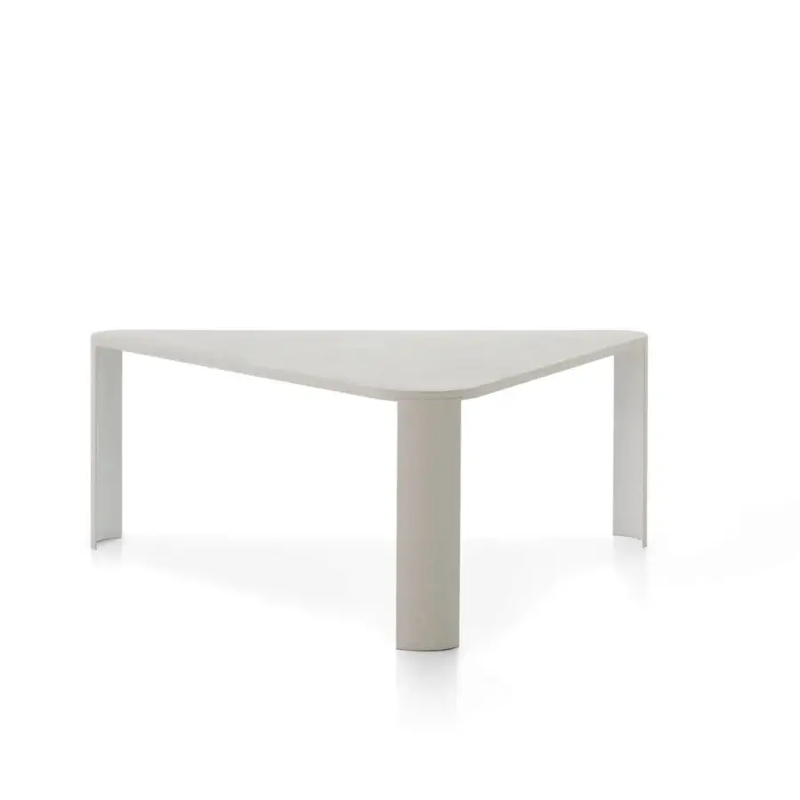 Distinguished MDF Italia Bonnet table with triangular form, Coccioperla finish, and curved metal legs
