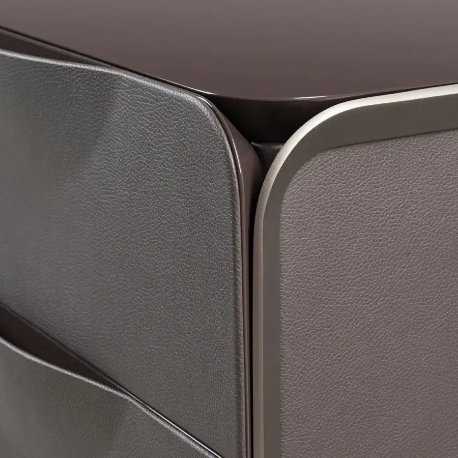 Superior Turri Milano dresser with dark brown leather and satin nickel metal trim, built with a glossy lacquered wood top