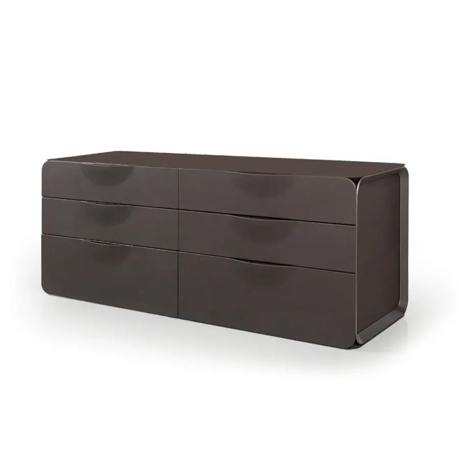 Distinguished Turri Milano dresser with dark brown leather, satin nickel metal accents and glossy lacquered wood finish