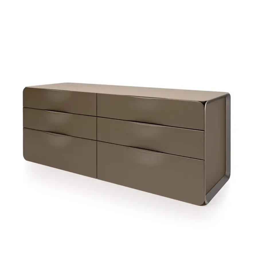 Elegant Turri Milano dresser with medium brown leather, satin nickel metal, and glossy lacquered wood top