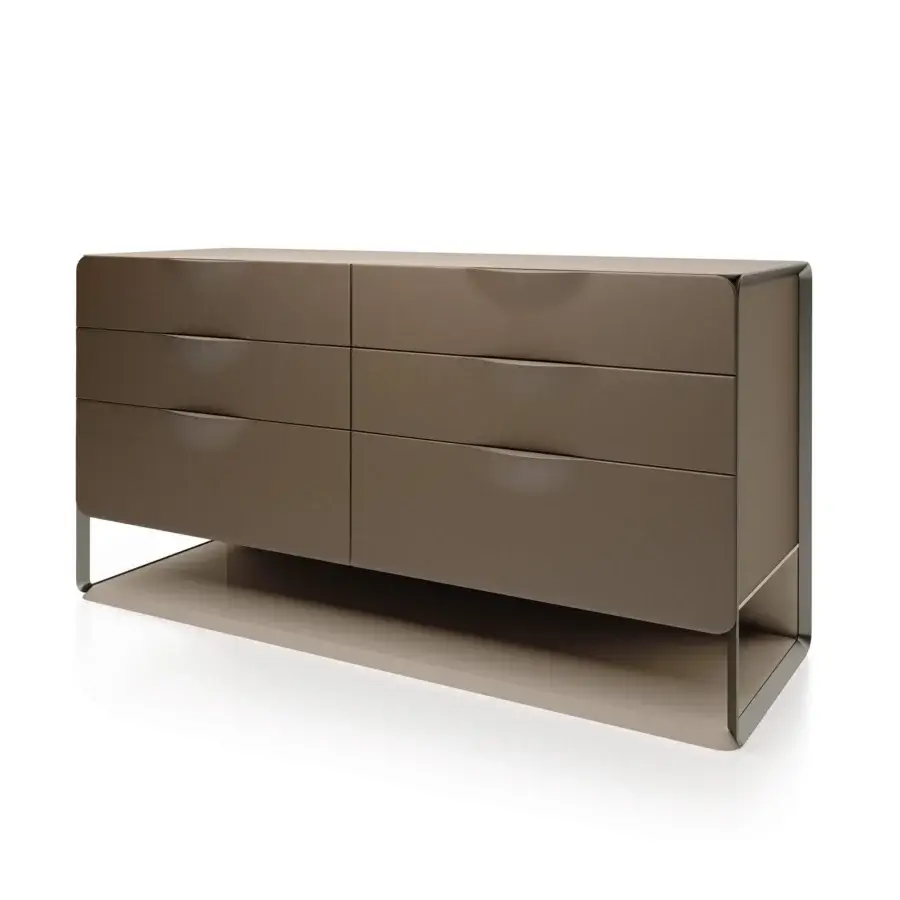 Exceptional Turri Milano dresser crafted with medium brown leather, satin nickel metal, and glossy lacquered wood top