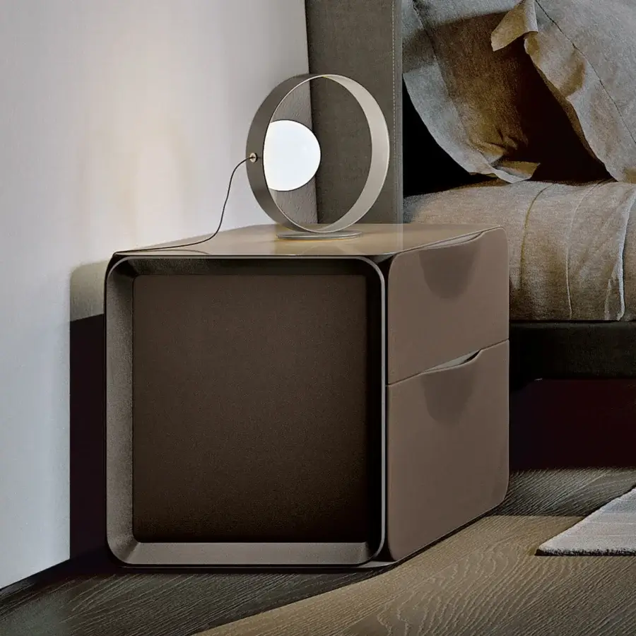 Exceptional Turri Milano nightstand with brown leather covering, satin nickel metal accents and glossy lacquered wooden top