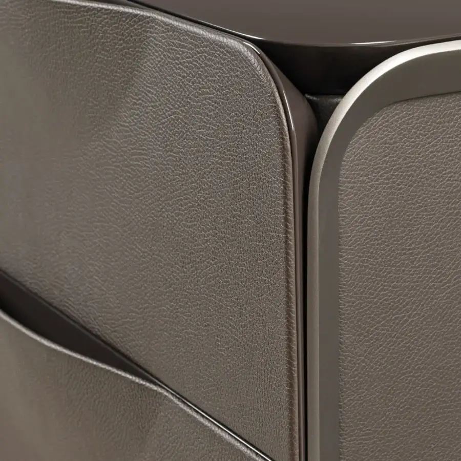 Superior Turri Milano nightstand crafted in grayish-brown leather with satin nickel metal details and glossy lacquered wood