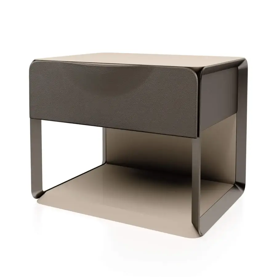 Distinguished Turri Milano nightstand crafted in light beige lacquered wood with dark brown leather and satin nickel accents