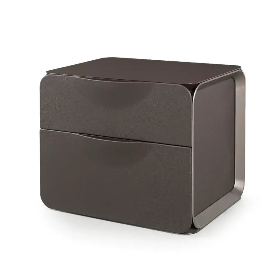 Superior Turri Milano nightstand in matte dark brown leather with satin nickel metal and glossy lacquered wood