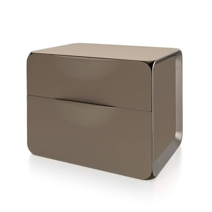 Lavish Turri Milano nightstand in brown leather with satin nickel metal detailing and glossy lacquered wooden top