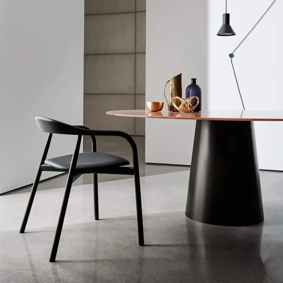 Exclusive Sovet Italia Totem table with tempered glass and lacquered metal in glossy brown and dark matte finish
