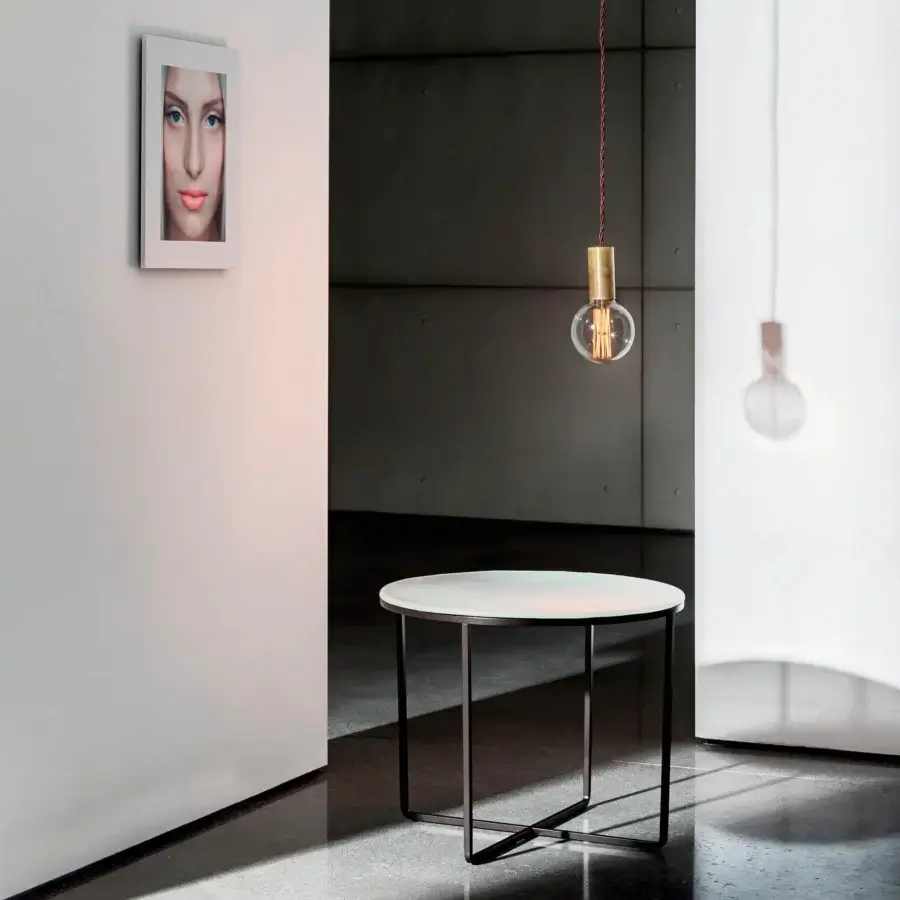 Superior Sovet Italia Piktor side table with burnished metal frame and smooth light-toned Materia glass top