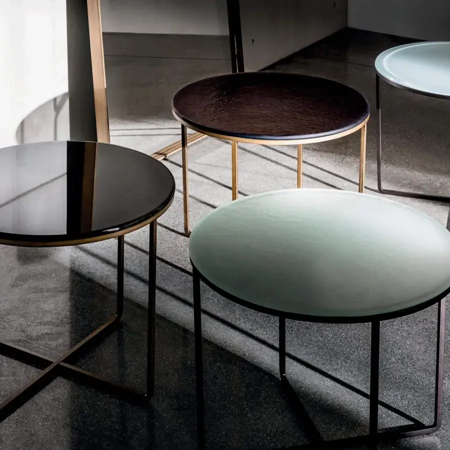 Distinguished Sovet Italia Piktor side table with dark brown textured glass top and gold-colored lacquered metal legs